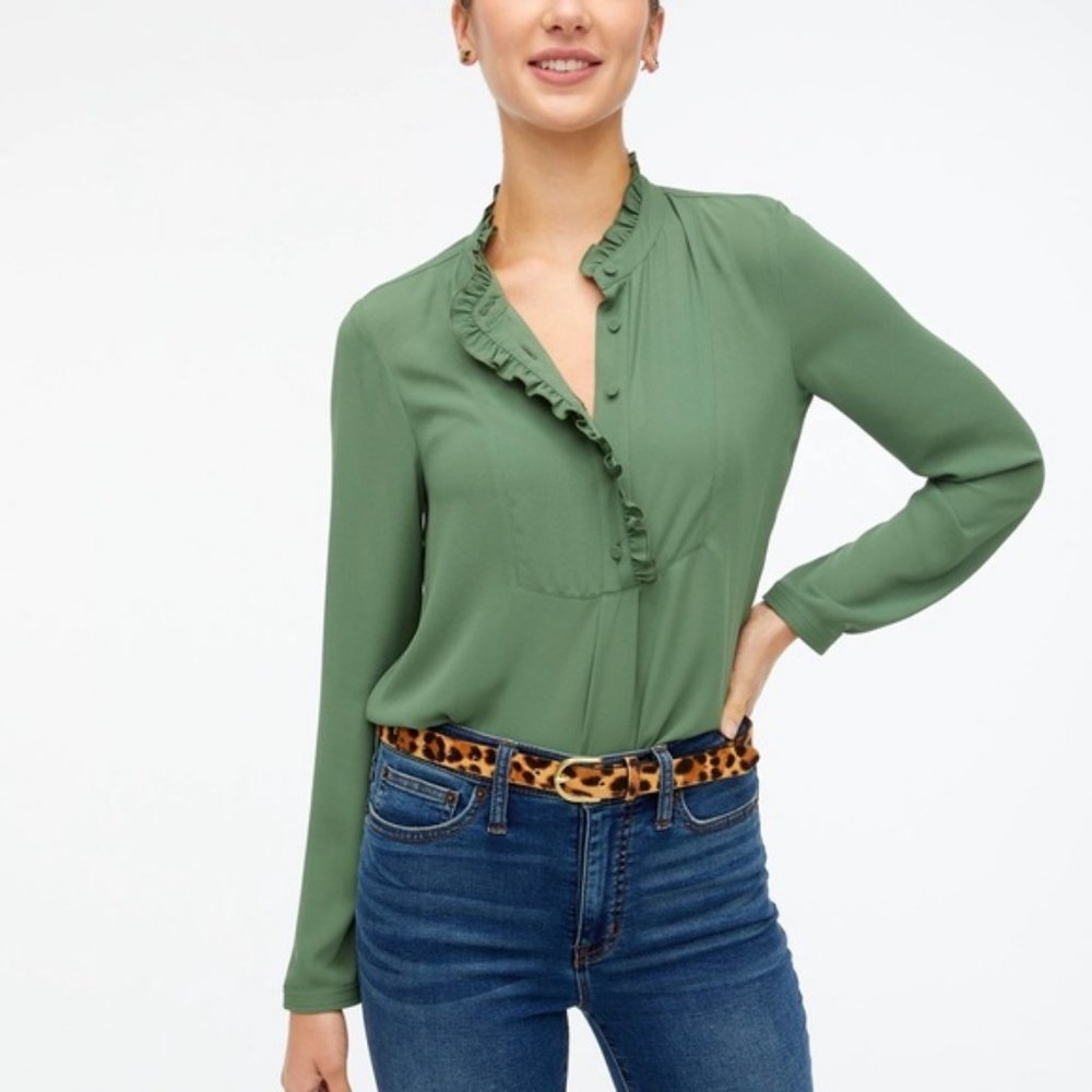 J Crew Longsleeve Top with Ruffles Size 6 in Utility Green